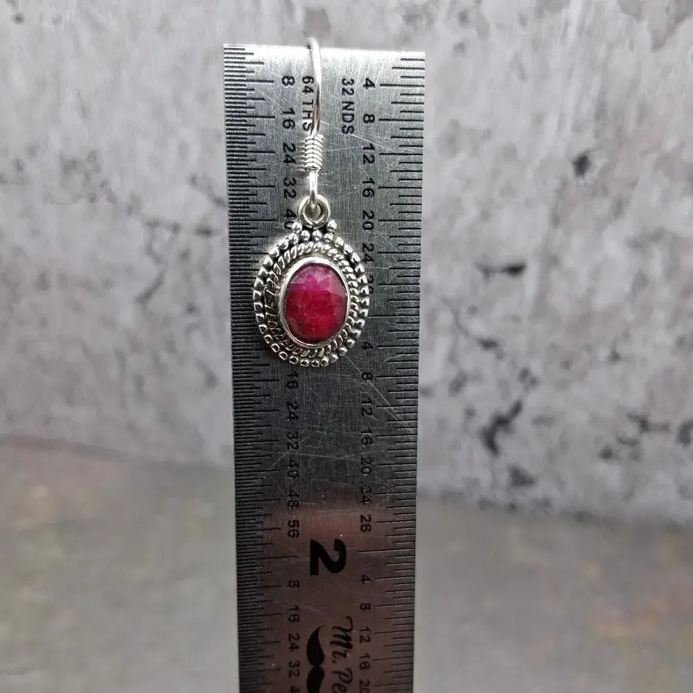 Sterling Silver Ruby Dangle Earrings 925 Bali Style Red Stone 1.25